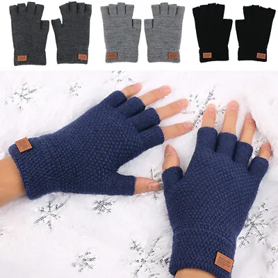 Thermal Fingerless Gloves Mens Womens Knitted Warm Winter Half Finger Mittens • £3.99