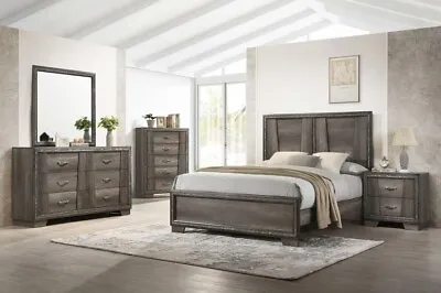 4 Pc Grey Oak Glittery Rustic Wood Look King Bed Ns Dresser Bedroom Furniture • $1499