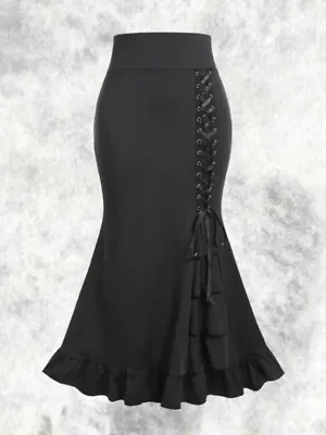 New Gothic Black Corset Side Fishtail Trumpet Maxi Long Skirt Size XL 18 20 22 • £34.99