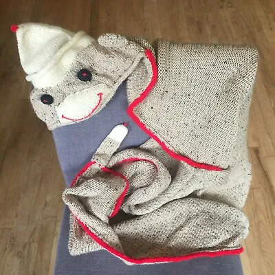 £42.06 • Buy Sock Monkey Hooded Hand Knit Afghan Blanket Throw For Toddler Or Youth 