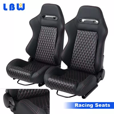 2x Racing Seats Black Pu Leather Pink String Grid Bucket Sport Seats W/2 Sliders • $346.22