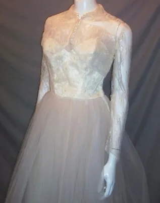 Vintage 50's Champagne Tea Length Lace Wedding Dress Gown Tulle Skirt Bolero B36 • $198.50