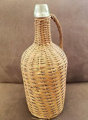  Vintage Wicker Wrapped Green Glass Demijohn Bottle 16  Jug 1 Gallon • $55