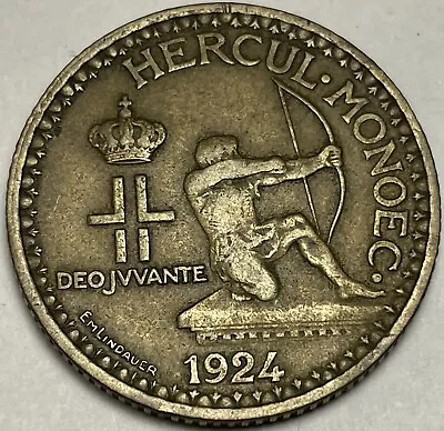 1924 Monaco 2 Francs Coin Louis II Hercul • $21.99