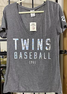 Victoria's Secret PINK T-Shirt Official MLB MN Twins Size Large Gray Holographic • $30.82