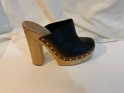 $40 • Buy Zara Woman Black  Leather Platform Clog High Heel Studded Mules Shoes 39