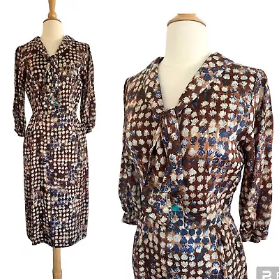 Vintage 50s Dress Sz Sm Autumn Floral Sheath Brown Blue Tie Neck  Mad Men • $29.99