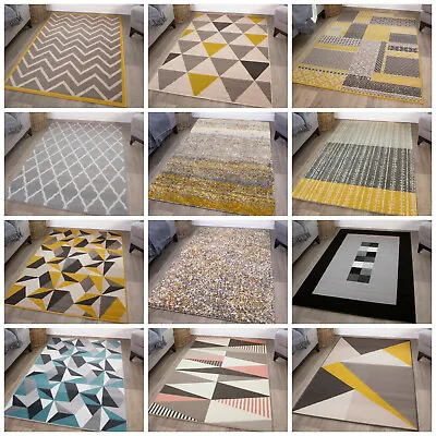 Modern Grey Silver Living Room Rugs Ochre Mustard Geometric Chevron Zig Zag Rug • £31.90