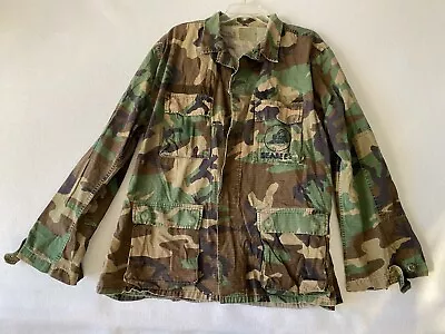 Vintage United States US Military Navy Seabees Field Jacket Woodland Camo Size L • $17.50