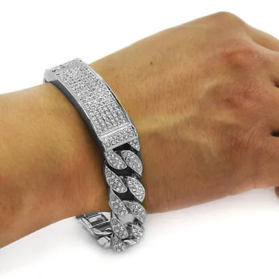 Luxury Hip Hop Silver Plated 13mm 8.5  ID Miami Cuban Link CZ Full Iced Bracelet • $18.99