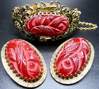 WHITING & DAVIS Carved Rose Flower Vintage Bracelet Earring Set • $149.99