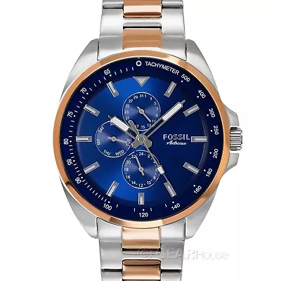 FOSSIL Autocross Mens Multifunction Watch Blue Dial Rose Gold Silver Two Tone • $74.90