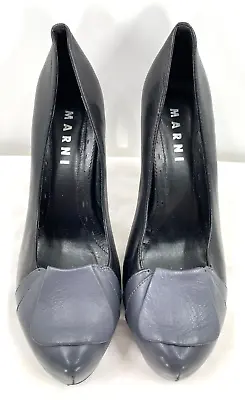 $425 MARNI Gray Black Luxury Leather Bow Platform Shoes Heels Sz 41 (Sz 9.5 USA) • $89