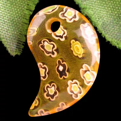 Yellow Inlaid Millefiori Glass Magatama Pendant Bead 23x15x5mm L38840 • $6.63