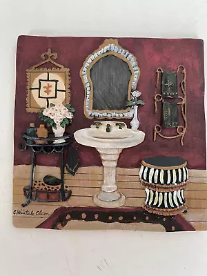 C. Winterle Olson Vintage Hand Painted 3D Bathroom Tile Plaque Wall Art 5.5  • $14