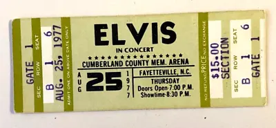 ELVIS PRESLEY Concert Ticket Fayetteville NC Cumberland Arena Aug 25 1977  RARE • $129.99