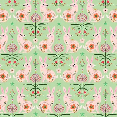 Tree Of Life Pink Rabbits On Pale Green By Dashwood Studio 100% Cotton Fabric FQ • £4.45