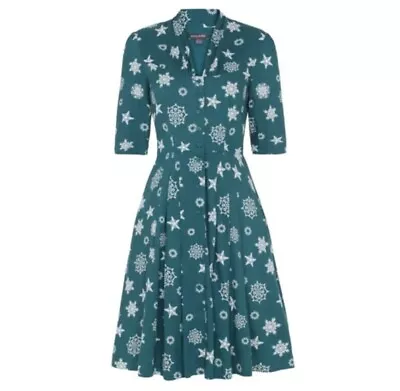 EMILY AND FIN Modcloth Snowflake Print Teal Blue Sz L Dress A Line Button Front • $28