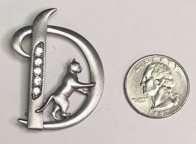$13.99 • Buy Vintage JJ Pewter Brooch Pin Cat On Initial  D  With  Rhinestones Jonette