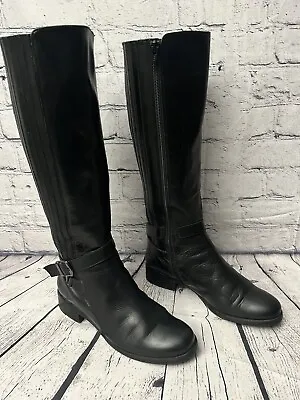 VERO CUOIO Black Side Zip Mid Calf Stretch Leather Riding Boots Size 6M • $22.79