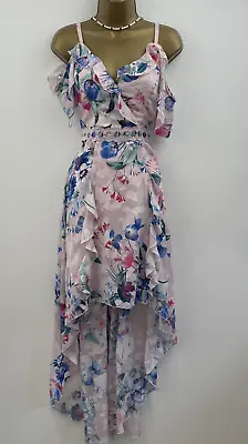 Lipsy Pink Floral Dress 12 Cold Shoulder Party Occasion Wedding Maxi Hi Lo Lace • £29.88