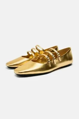 ZARA Gold Metallic Ballet Womens Flats - Size UK 5 38 Strappy Mary Jane Style • £25.99