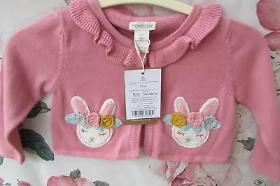 BNWT MONSOON Pink Fine Knit Cotton BUNNY Party  Cardigan Shrug 6-9-12 Months £23 • £10