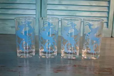 Set/4 Vintage 1950's MCM Federal Glass 5  Tumblers Blue Leaping Gazelles Deer • $19.95