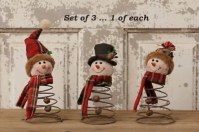 $24.98 • Buy New ... Set Of 3 Primitive Winter SNOWMAN On WIRE SPRINGS ... Christmas