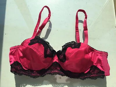 Marie Meili Shocking Pink & Black Satin & Lace Non Padded Bra 32d • £2.50