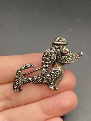 £5.60 • Buy Vintage Silver Marcasite Dachshund Brooch Weighty Real Stone Eye Makers Marks 