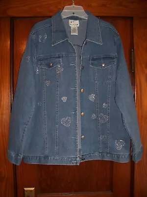 Jean Jacket By Quaker Factory Hearts Embellished Rhinestone Blue Denim SZ. LARGE • $17.99