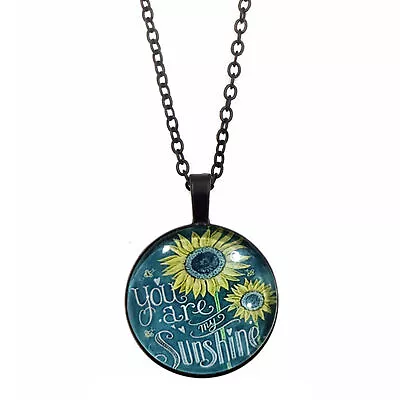 Vintage Sunflower You Are My Sunshine Cabochon Glass Chain Necklace Jewelry 67 • £3.50