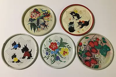 5  Vintage 1950's Metal Tin Litho Cocktail Drink Coasters Set - Assorted Designs • $9.95