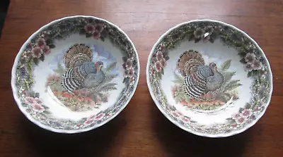 QUEEN’S TURKEY THANKSGIVING MYOTT BROWN SET  TWO BOWLS CEREAL SOUP Excellent 6.5 • $18