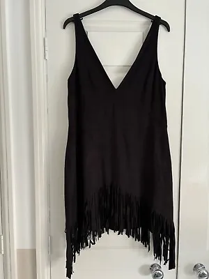 Zara Faux Suede Grey Charcoal Tassle Fringe Dress Size M Festival Western V Neck • £16.99