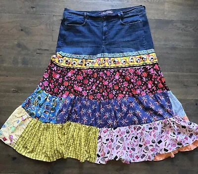 VTG Handmade Denim Skirt~BEATLES Upcycled Gloria Vanderbilt 24W Plus Jeans Hippy • $119.99