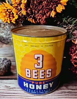 Vintage 3 BEES Honey 5lb Can Tin Advertising Farmhouse Diner Movie Prop NOS A • $142.49