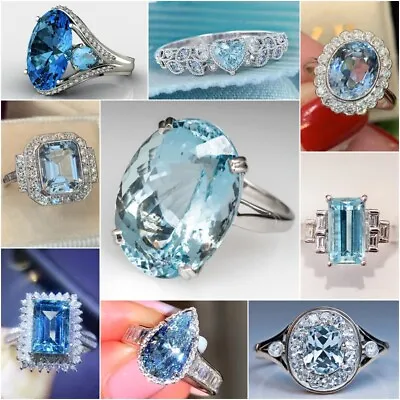 £2.87 • Buy Gorgeous 925 Silver Rings Women Jewelry Aquamarine/ Sapphire Wedding Ring Sz6-10