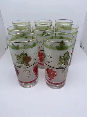 Vintage Libbey Frosted Tumblers Glasses With Grapes & Vines Set Of 8 • $36.74