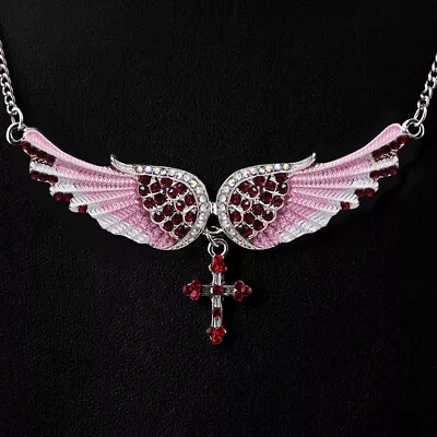 Boho Angel Wings Cross 925 Silver Rhinestone Pendant Necklace Women Wedding Gift • $2.35