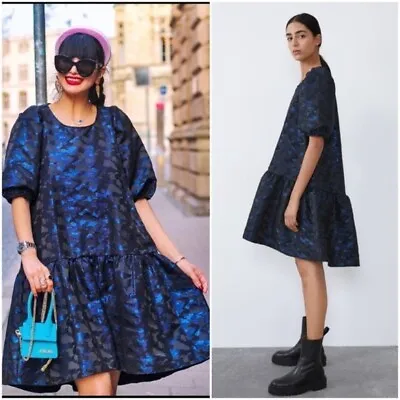 NWT ZARA Women’s Blue Black Camo Jacquard Voluminous Puff Trendy Dress Medium M • $69.30