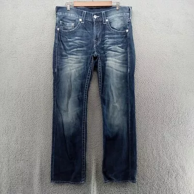 True Religion Jeans Mens Size 34 Blue Straight Fit Whiskering Fading Distressed • $49.99