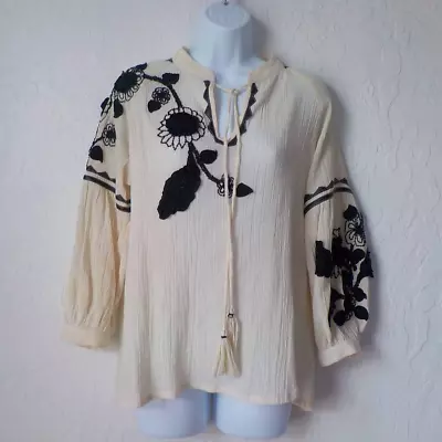 Anthro Vineet Bahl Beige Boho Blouse Black Floral Sequin Embroidery Women Small • $21.25