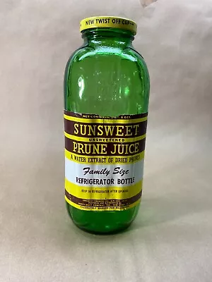 Vintage Sunsweet Prune Juice Green Glass Jar Bottle With Label & Lid • $9