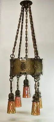 Gothic Arts & Crafts Hammered Brass Chandelier • $4200