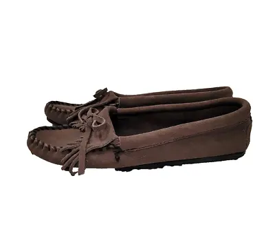 MINNETONKA Womens Sz 6.5 Grey Suede Moccasin Shoes Kitty Hardsole • $16.99