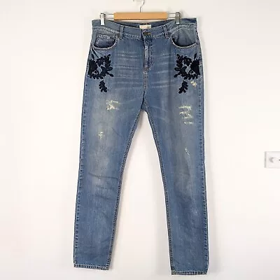 Odd Molly Jeans Distressed Floral Embroidery Mid Blue Size 4 XL AUS 18 M614-601  • $49