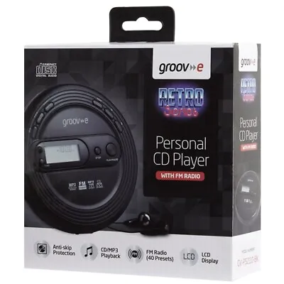 Groov-e Retro Series Personal Cd Player With Radio & Mp3 - Black - Gvps210/bk • £32.49