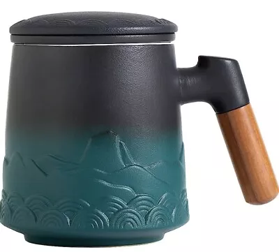 Tea Cup Infuser Strainer Lid Blue Black Wood Ceramic Loose Leaf Tea Mug Mountain • $24.99